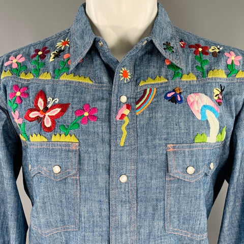 NEEDLES Size L Blue Multi Color Embroidery Chambray Snaps Long Sleeve Shirt