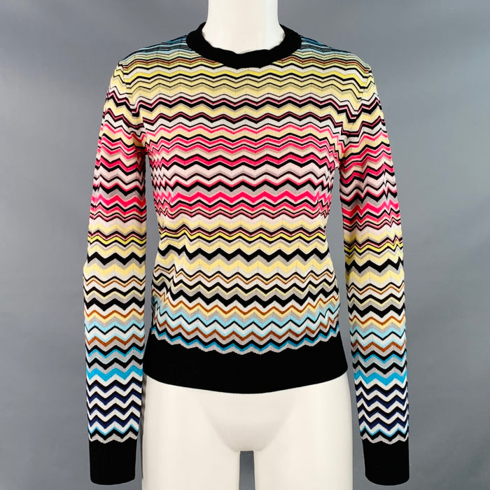 MISSONI Size S Black Multi Color Cotton Blend Zig Zag Crew Neck Pullover