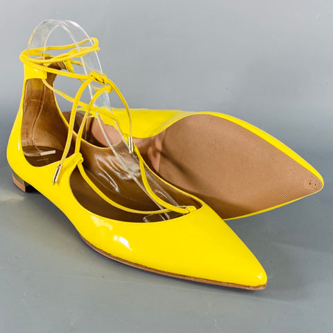 AQUAZZURA Size 9.5 Yellow Patent Leather Laced Pointed Toe Flats