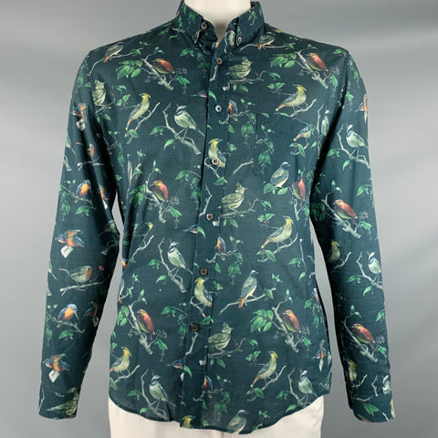 AMI by ALEXANDRE MATTIUSSI Size L Navy Green Brown Birds Long Sleeve Shirt