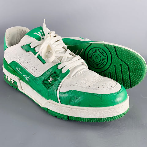 LOUIS VUITTON Size 11.5 LV Trainer Green White Two Toned Leather Sneakers