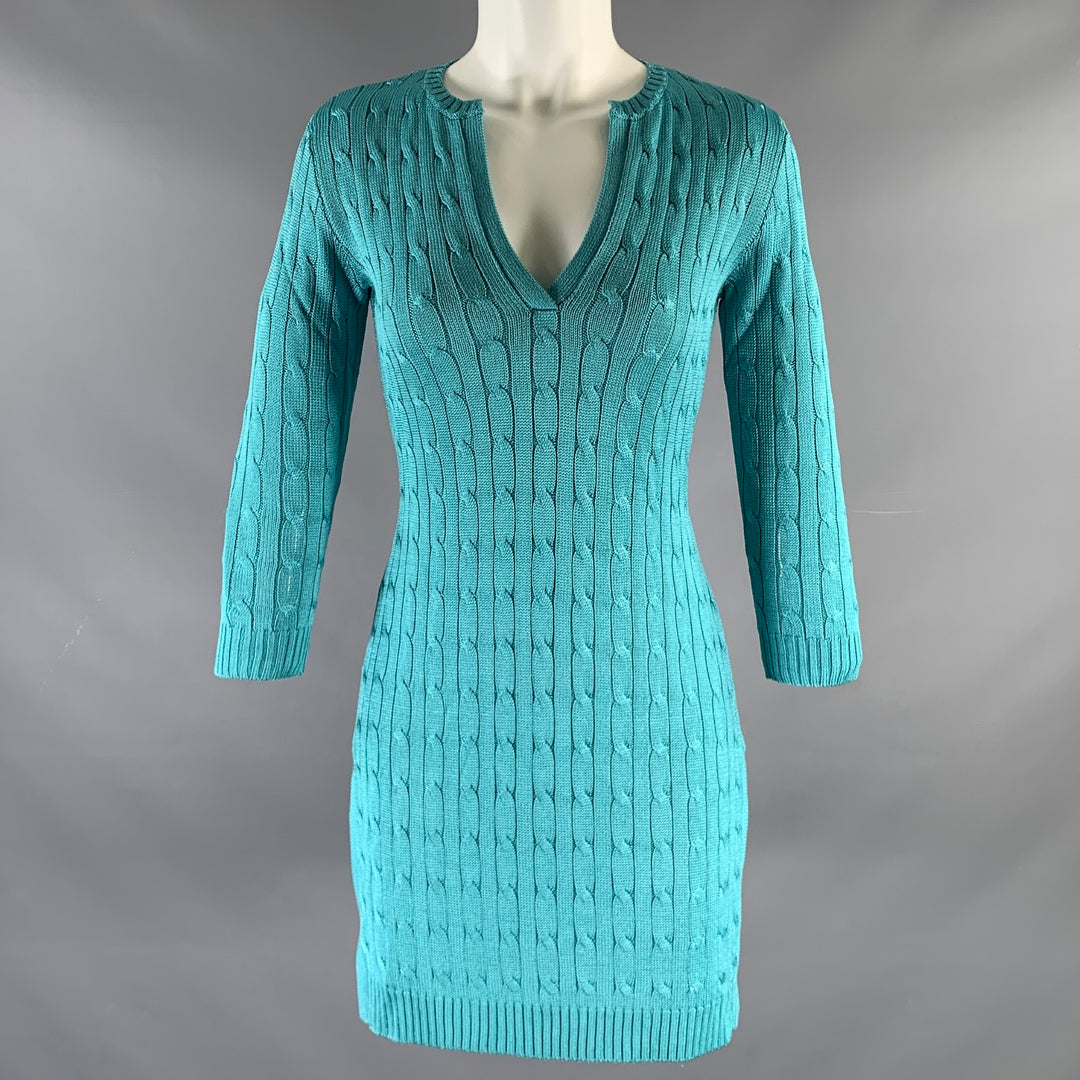 RALPH LAUREN Size S Blue Turquoise Silk Cable Long Sleeve Dress Sui Generis Designer Consignment RALPH LAUREN Size S Blue Turquoise Silk Cable Long Sleeve Dress Sui Generis Designer Consignment