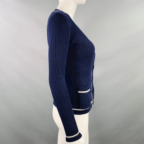 COURREGES Size S Navy White Ribbed V-Neck Cardigan