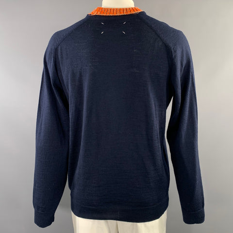 MAISON MARGIELA SS2024 Size L Navy Orange Knit Wool Crew Neck Sweater