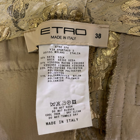 ETRO Size 2 Gold Gunmetal Silk Blend Floral Button Fly Shorts