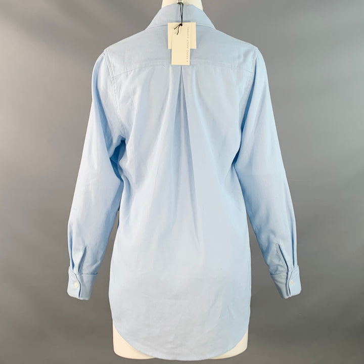 USISI.SISTER Size S Blue Cotton Linen One Pocket Braided Trim Blouse