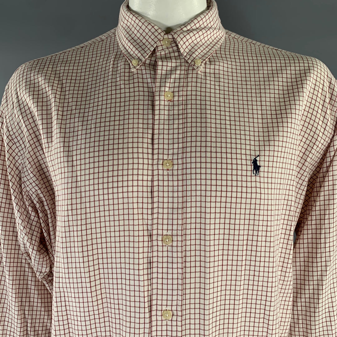 RALPH LAUREN Size XL Cream Burgundy Window Pane Cotton Long Sleeve Shirt