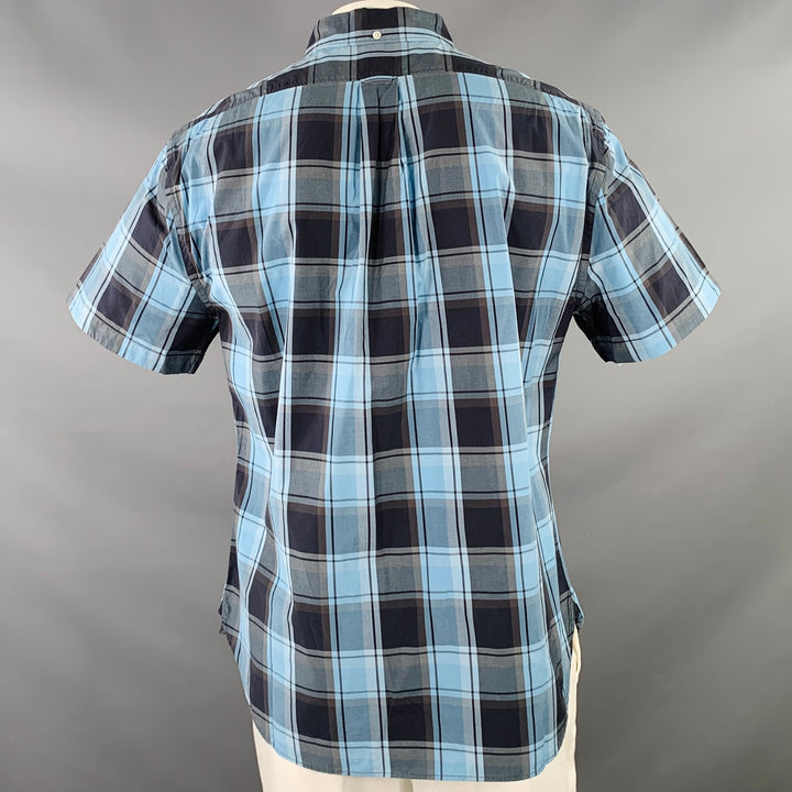 TODD SNYDER Size XL Blue Navy Checkered Cotton One Pocket Short Sleeve Shirt