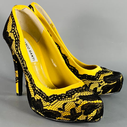 MARCO SANTI Size 6.5 Victoria Black Yellow Lace Stiletto Pumps