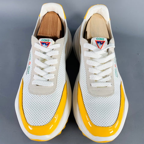 CASABLANCA Size 10.5 White Yellow Perforated Leather Lace-Up Color Block Sneakers
