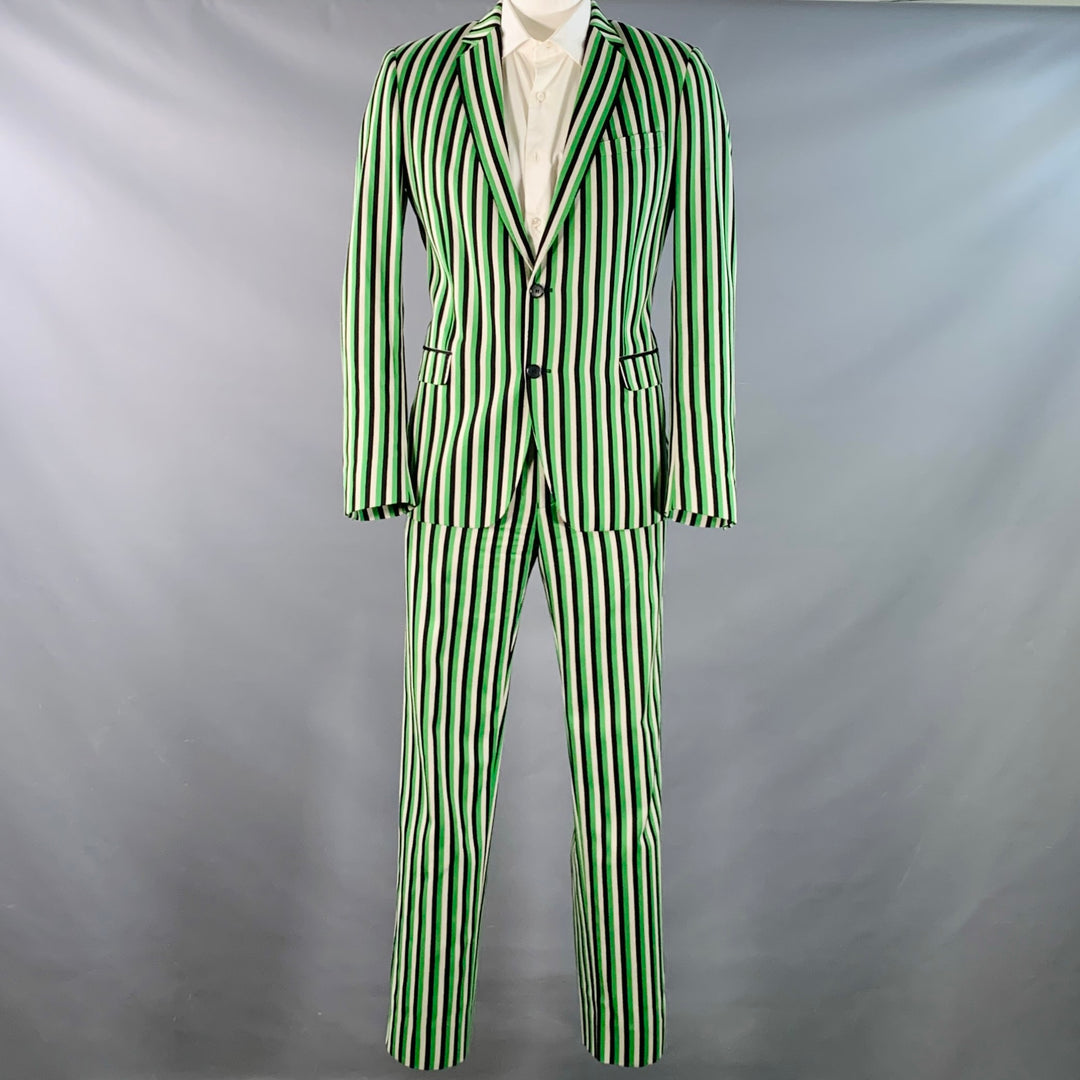 WALTER VAN BEIRENDONCK SS17 Size 42 Long Green Black White Wool Cotton Stripe Suit