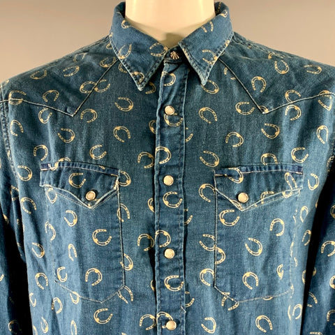 RRL by RALPH LAUREN Size XL Blue Cream Horseshoe Print Cotton Linen Overshirt