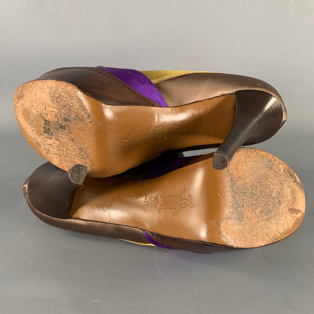 MARNI Size 7.5 Bronze Purple Satin Stripe Round Toe Pumps