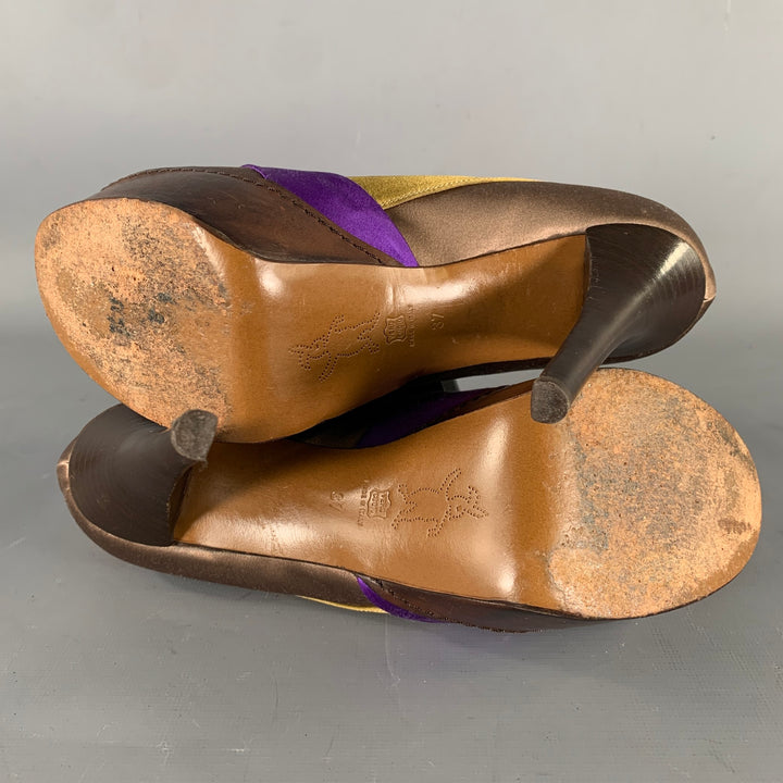 MARNI Size 7.5 Bronze Purple Satin Stripe Round Toe Pumps