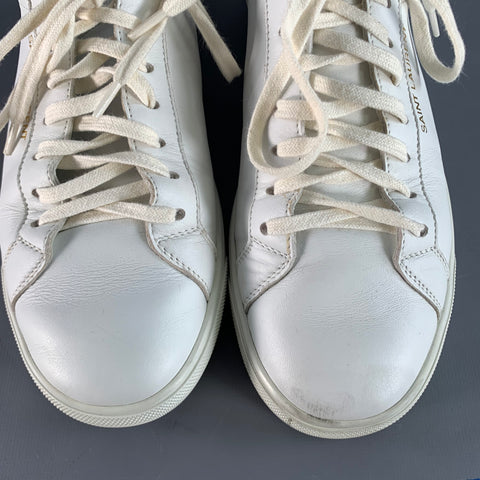 SAINT LAURENT Size 7 White Leather Logo Low Top Sneakers