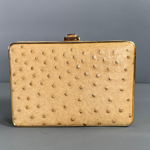 LORENZI Beige Gold Ostrich Leather Clutch Handbag