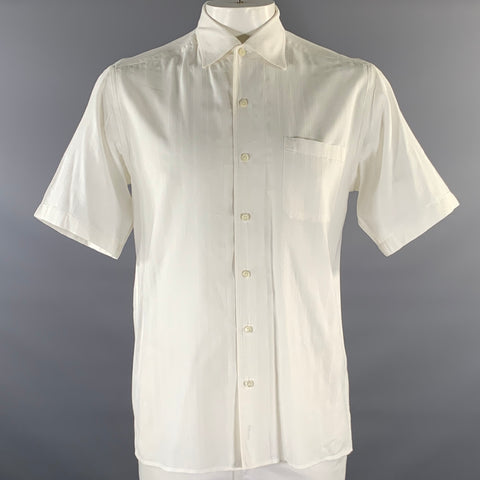 ERMENEGILDO ZEGNA Size L White Stripe Cotton Pointed Collar Short Sleeve Shirt