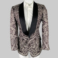 A black and grey GUCCI sport coat with a graphic pattern, shawl lapel, and single button closure.