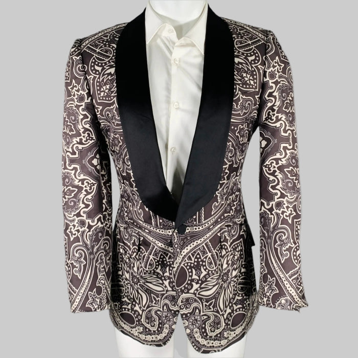 GUCCI Size 38 Black Grey Graphic Silk Tuxedo Sport Coat