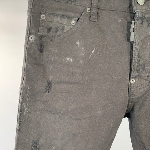 DSQUARED2 Size 32 Black Distressed Cotton Blend Slim Cut Button Fly Jeans