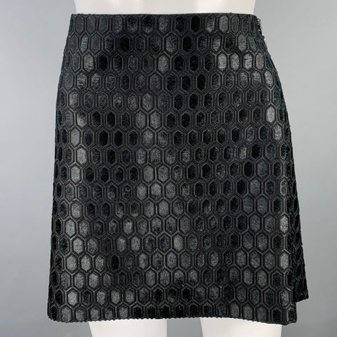SALVATORE FERRAGAMO Size 6 Black Wool Calf Hair Geometric Zip Mini Skirt