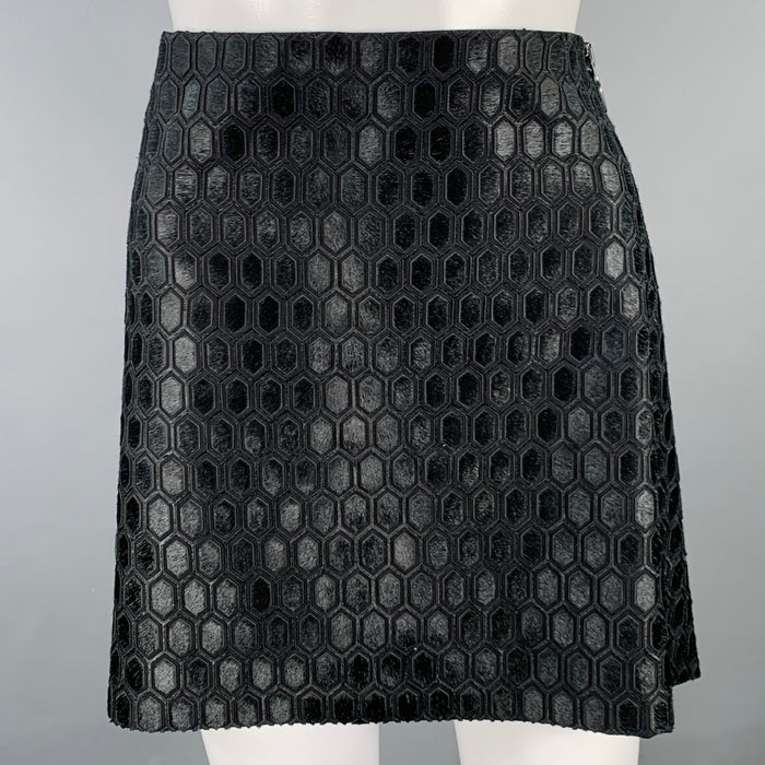 SALVATORE FERRAGAMO Size 6 Black Wool Calf Hair Geometric Zip Mini Skirt