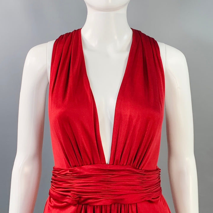AZZARO Size 6 Woven Venus Red Viscose Plunging V-Neck Knee Length Cocktail Dress