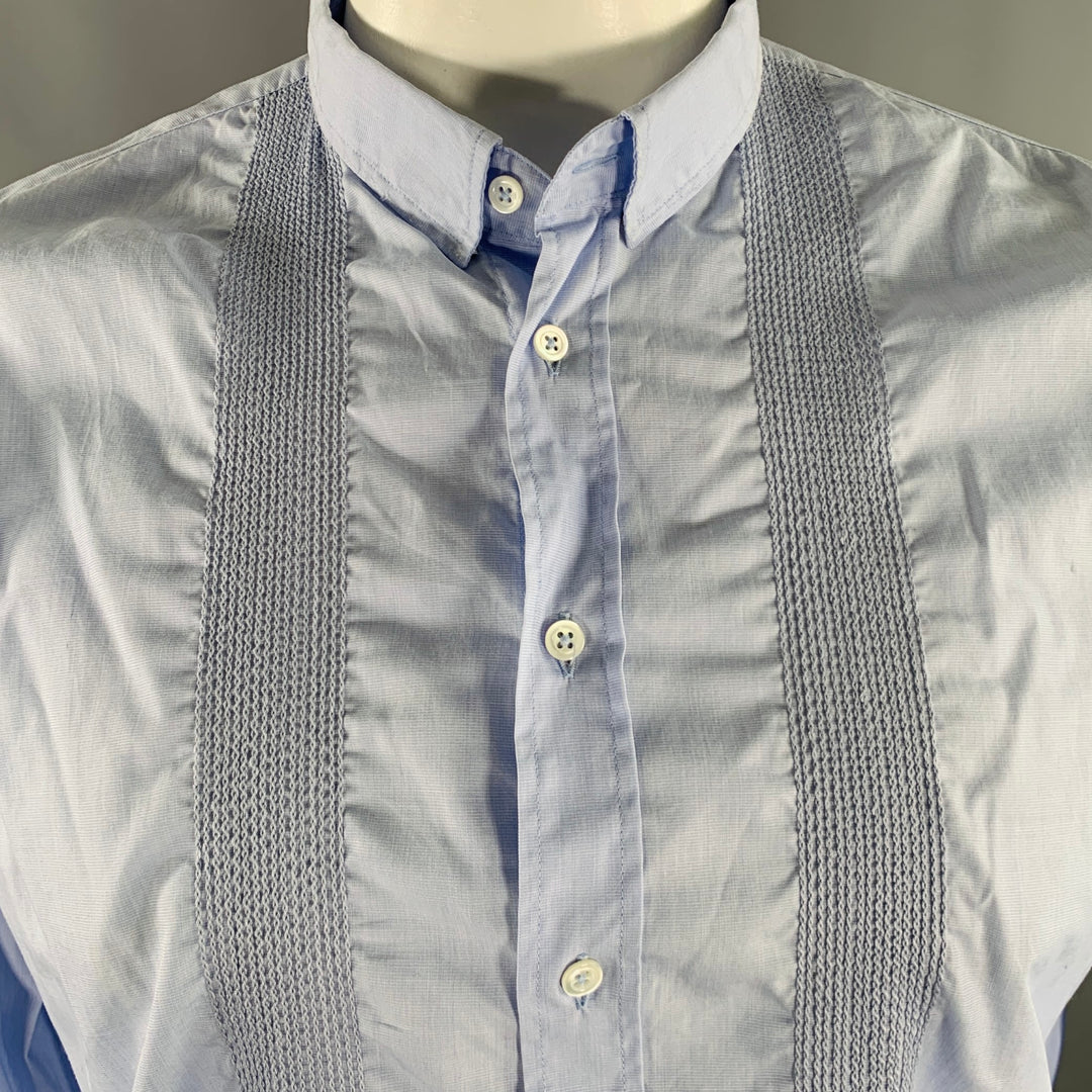 BALMAIN Size L Blue Light Blue Embroidery Cotton Long Sleeve Shirt