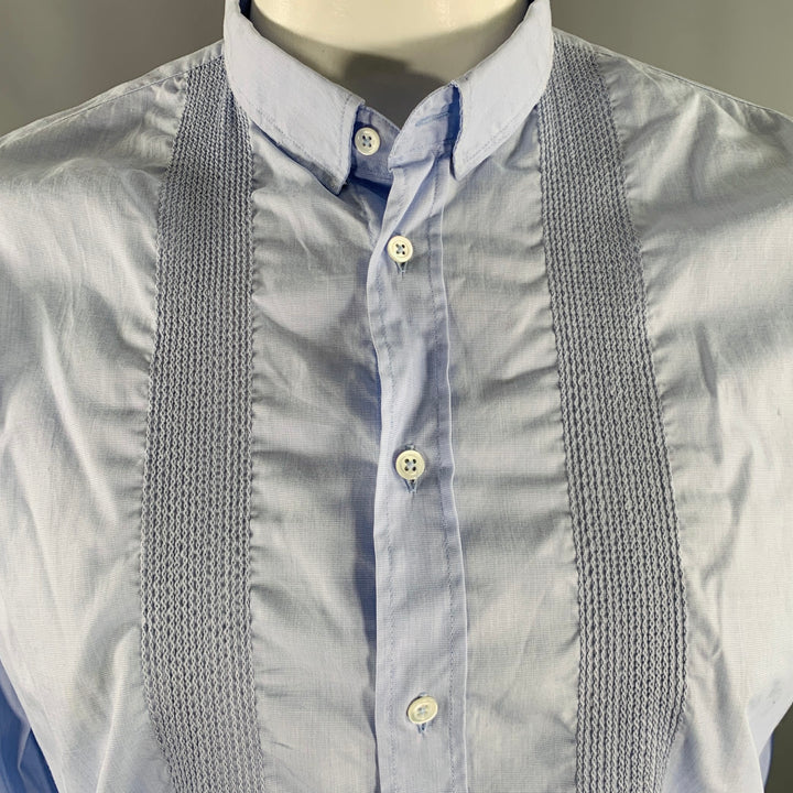 BALMAIN Size L Blue Light Blue Embroidery Cotton Long Sleeve Shirt