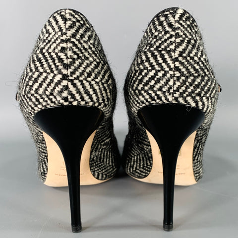 DOLCE & GABBANA Size 8.5 Black White Wool Herringbone Leather Trim Heels Pumps