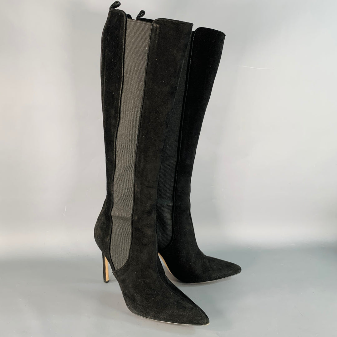 MANOLO BLAHNIK Size 8.5 Black Suede Pull On Pointed Toe Stiletto Boots