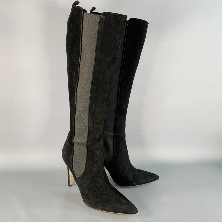 MANOLO BLAHNIK Size 8.5 Black Suede Pull On Pointed Toe Stiletto Boots