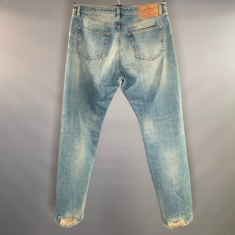 PRADA Size 36 Blue Indigo Distressed Selvedge Denim Button Fly Jeans