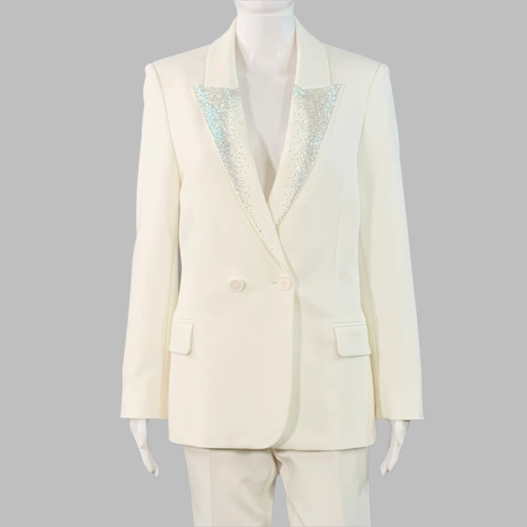 ZADIG & VOLTAIRE Size M Off White Polyester Blend Rhinestone Studded Peak Lapel Pantsuit