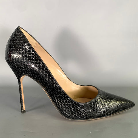 MANOLO BLAHNIK Size 11 Black Leather Snake Embossed Pumps
