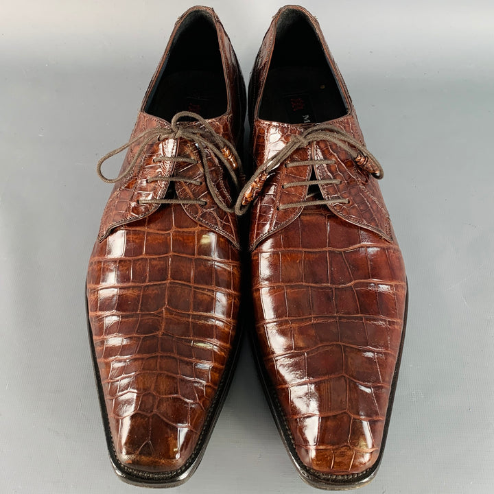 MEZLAN Size 11 Luciano Brown Alligator Leather Derby Lace-Up Shoes