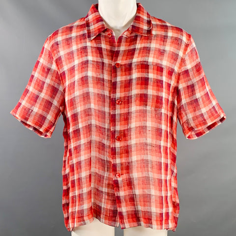 OUR LEGACY Size M Red White Plaid Linen One Pocket Short Sleeve Shirt