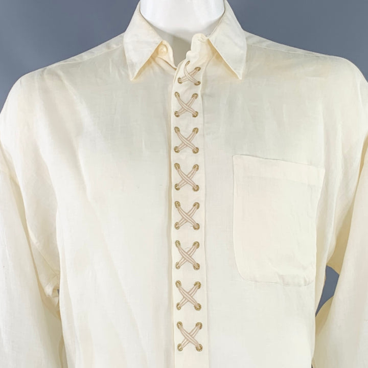 BYBLOS Size L Cream Gold Embroidery Linen One Pocket Long Sleeve Shirt