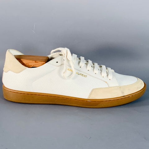 SAINT LAURENT Size 9 White Beige Perforated Leather Sneakers