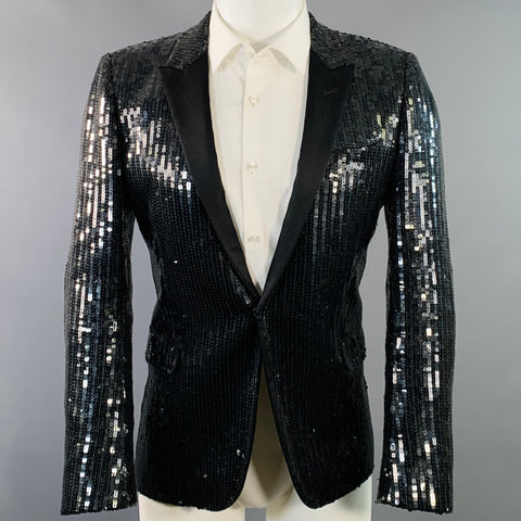 SAINT LAURENT Size 40 Black Polyester Blend Sequined Peak Lapel Sport Coat