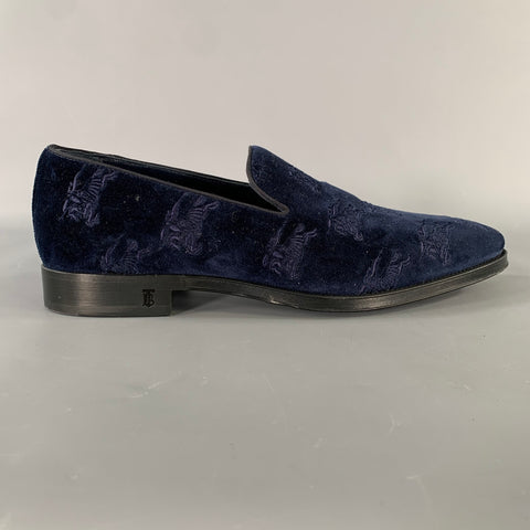 BURBERRY Size 9.5 Navy Monogram Velvet Slip On Loafers
