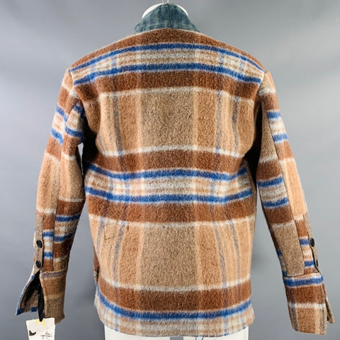 GREG LAUREN Size M Brown Blue Plaid Wool Cotton Shawl Collar Jacket