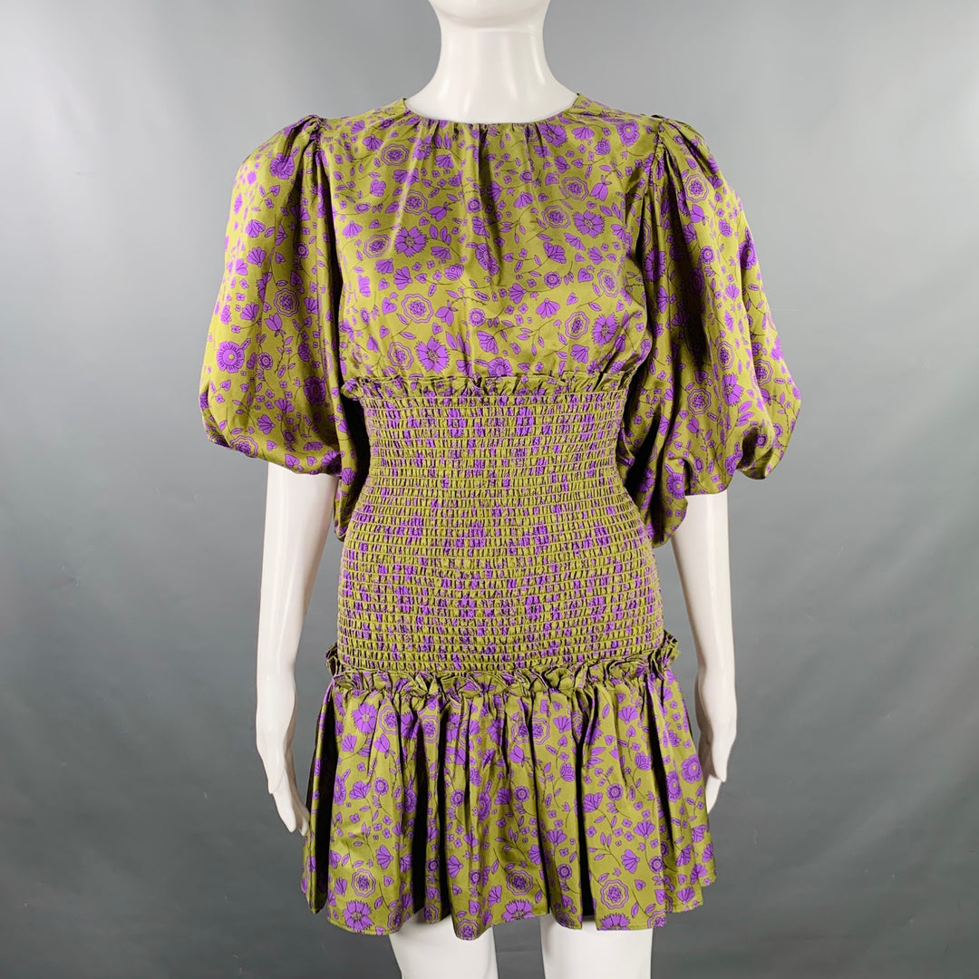 CYNTHIA ROWLEY Size XS Green Purple Silk Twill Floral Ruched Dress Sui Generis Designer Consignment CYNTHIA ROWLEY Size XS Green Purple Silk Twill Floral Ruched Dress Sui Generis Designer Consignment