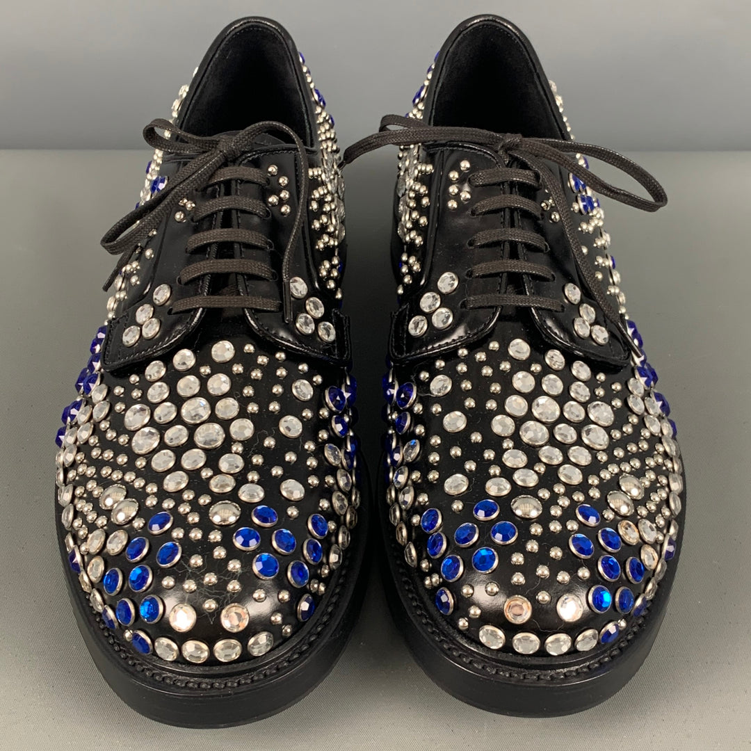 PRADA Size 9 Black Silver & Blue Studded Leather Lace-Up Shoes Prada Size 9 Black Silver & Blue Studded Leather Lace-Up  main image 4