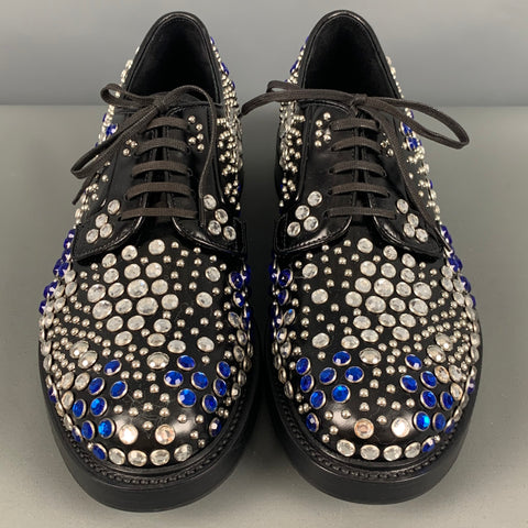 PRADA Size 9 Black Silver & Blue Studded Leather Lace-Up Shoes