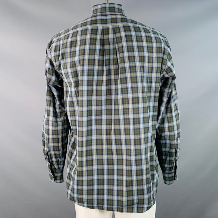 LUCIANO BARBERA Size 44 Blue Olive Plaid Cotton One Pocket Long Sleeve Shirt