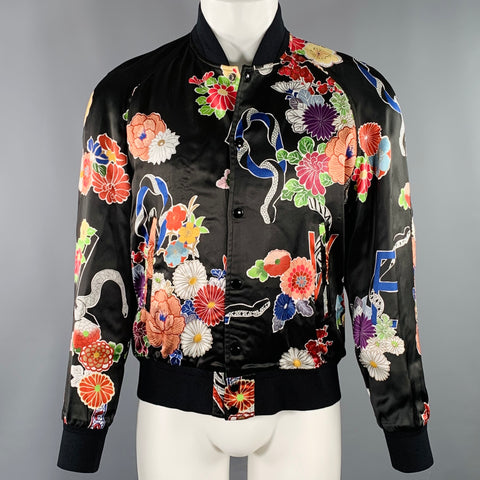 SAINT LAURENT Size 40 Black Multi Color Floral Viscose Varsity Jacket