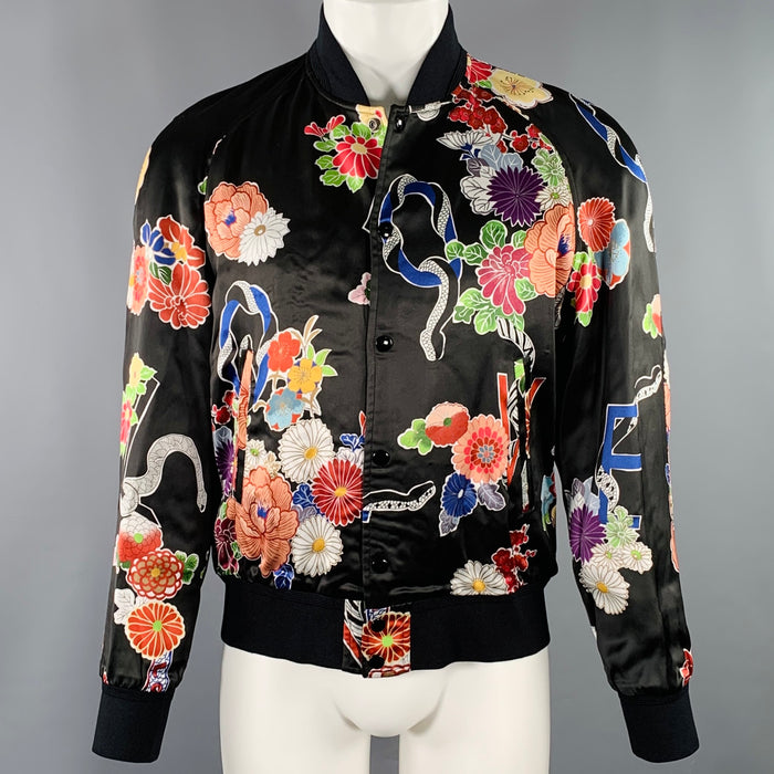 SAINT LAURENT Size 40 Black Multi Color Floral Viscose Varsity Jacket
