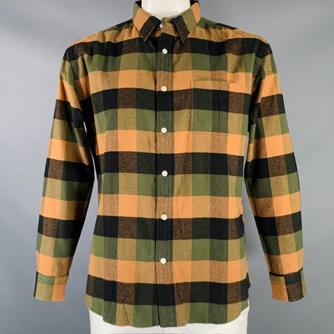 MR. GENTLEMAN Size XL Brown Black Olive Checkered Cotton Long Sleeve Shirt