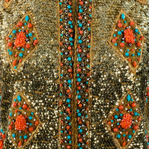 Gilet perlé et brodé VINTAGE Taille L en soie orange ornée de paillettes